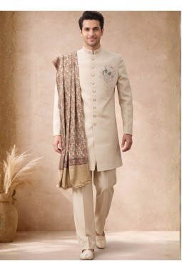 Beige Japanese Embroidery Mens Wedding Indo Western