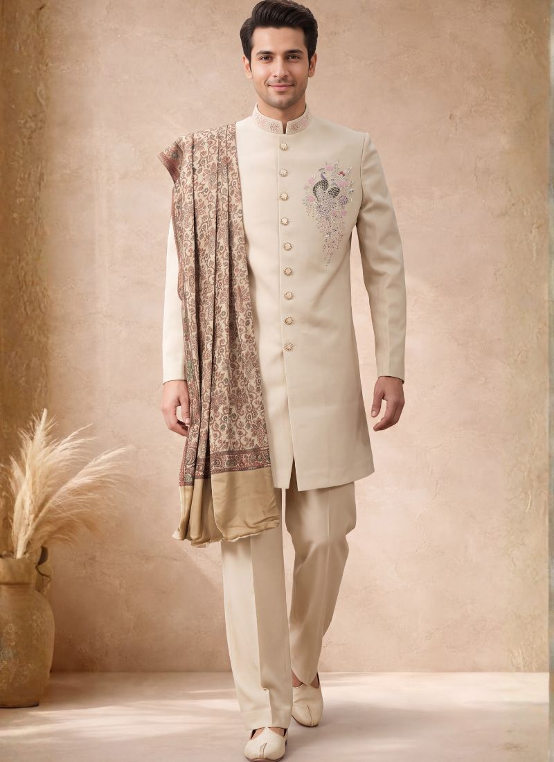 Beige Japanese Embroidery Mens Wedding Indo Western