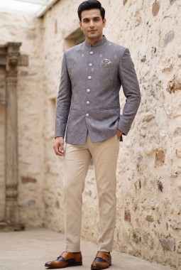 Light Purple Machine Embroidery Jodhpuri With Cream Beige Trouser