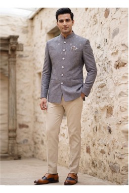 Light Purple Machine Embroidery Jodhpuri With Cream Beige Trouser