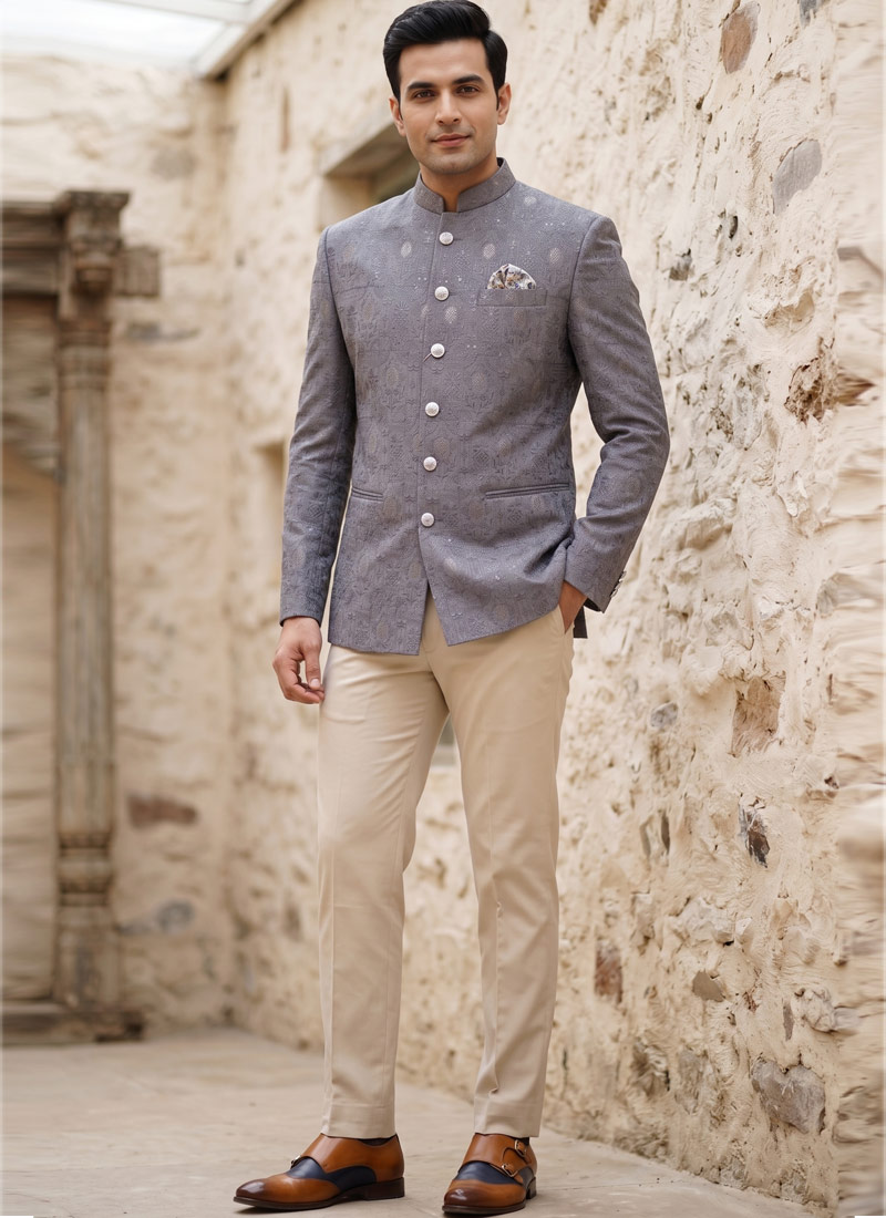 Light Purple Machine Embroidery Jodhpuri With Cream Beige Trouser
