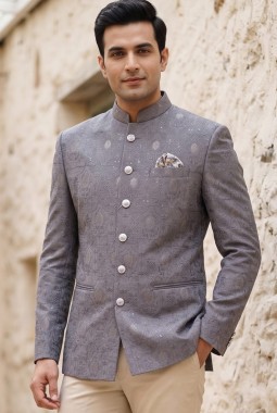 Light Purple Machine Embroidery Jodhpuri With Cream Beige Trouser