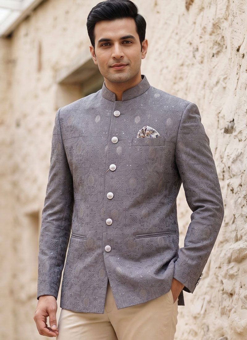 Light Purple Machine Embroidery Jodhpuri With Cream Beige Trouser