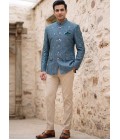 Light Teal Machine Embroidery Jodhpuri With Cream Beige Trouser