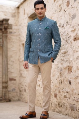 Light Teal Machine Embroidery Jodhpuri With Cream Beige Trouser