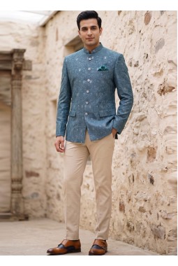 Light Teal Machine Embroidery Jodhpuri With Cream Beige Trouser