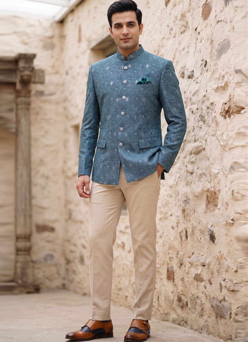 Light Teal Machine Embroidery Jodhpuri With Cream Beige Trouser