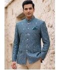 Light Teal Machine Embroidery Jodhpuri With Cream Beige Trouser