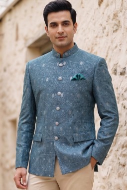 Light Teal Machine Embroidery Jodhpuri With Cream Beige Trouser