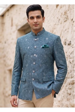 Light Teal Machine Embroidery Jodhpuri With Cream Beige Trouser