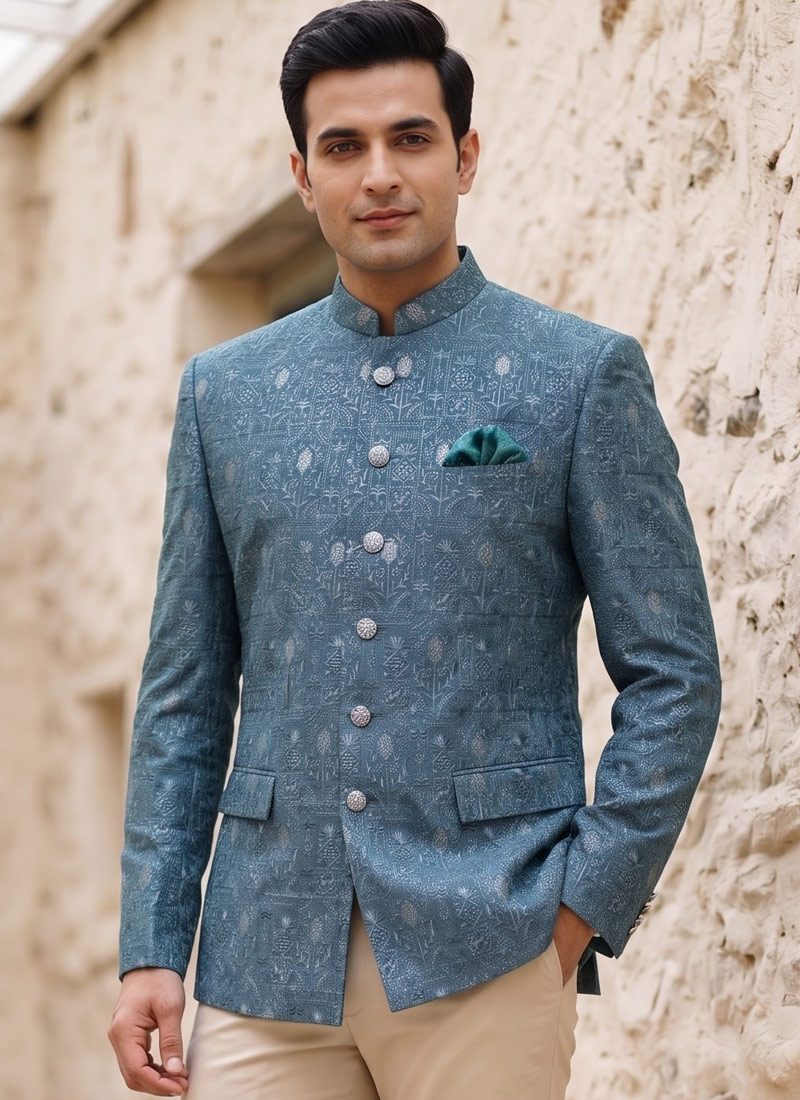 Light Teal Machine Embroidery Jodhpuri With Cream Beige Trouser