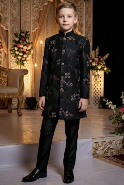 Black Armani Sequins Embroidered Boys Nawabi Indo Western