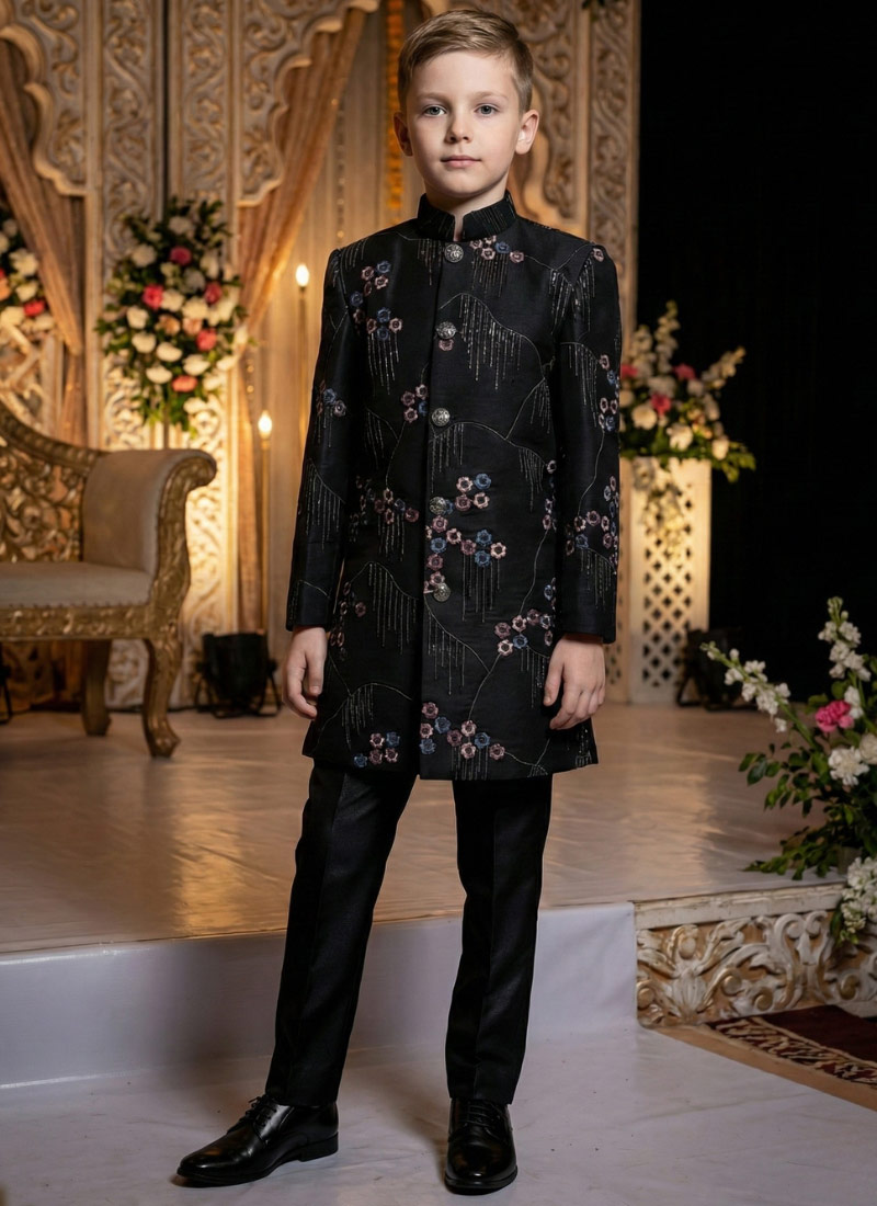 Black Armani Sequins Embroidered Boys Nawabi Indo Western