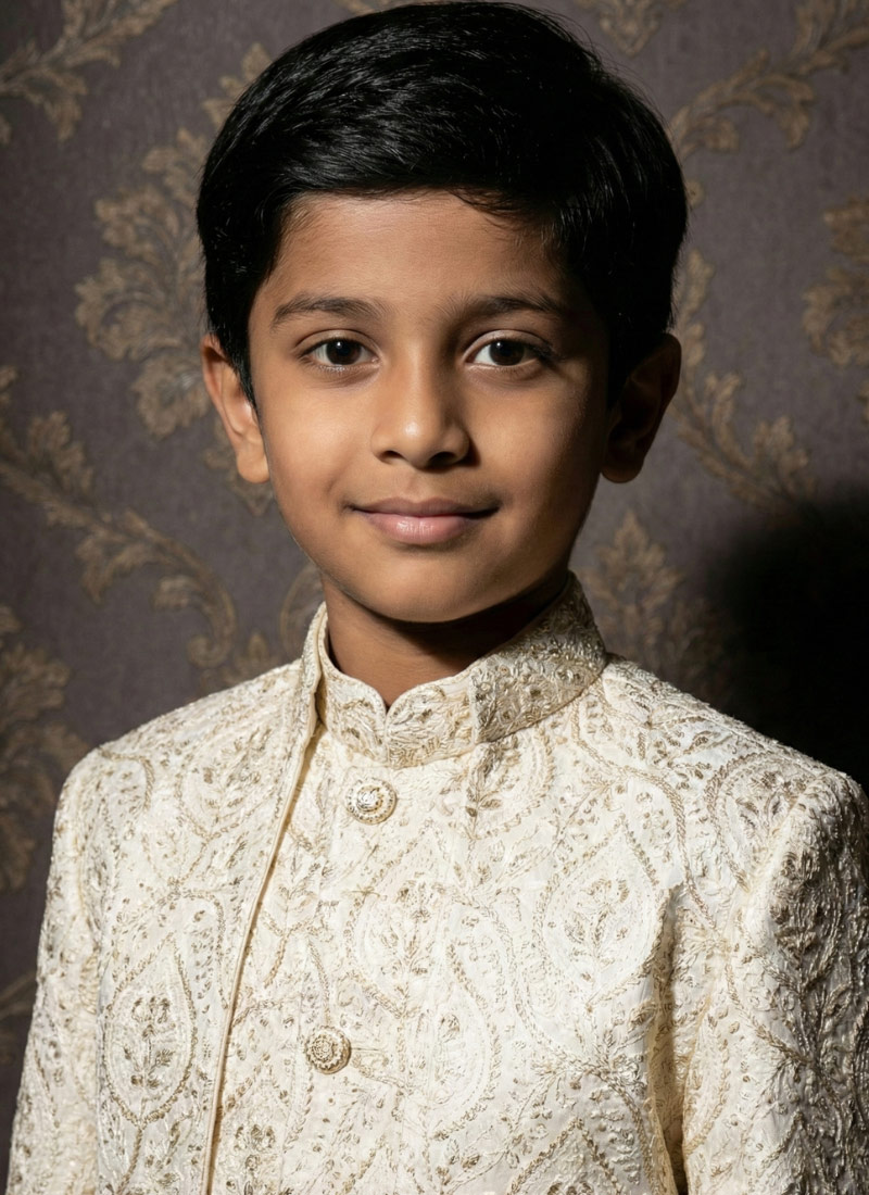 Cream Art Silk Zari Embroidered Boys Indo Western