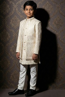 Cream Art Silk Zari Embroidered Boys Indo Western