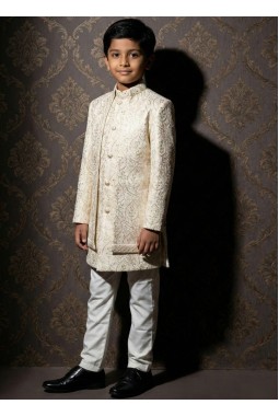 Cream Art Silk Zari Embroidered Boys Indo Western
