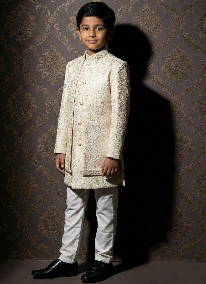 Cream Art Silk Zari Embroidered Boys Indo Western
