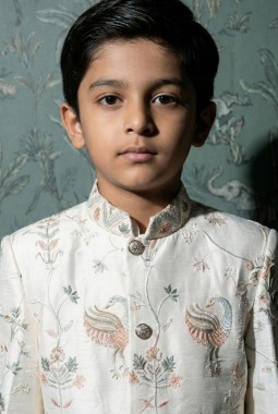 Cream Art Silk Embroidered Boys Nawabi Indo Western