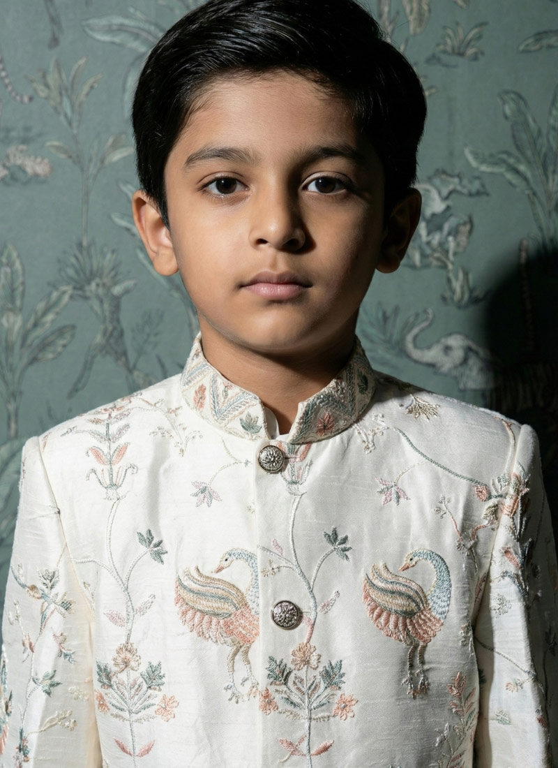 Cream Art Silk Embroidered Boys Nawabi Indo Western