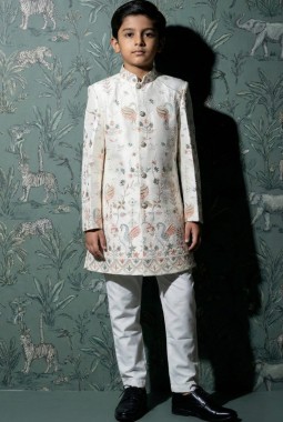 Cream Art Silk Embroidered Boys Nawabi Indo Western