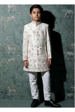 Cream Art Silk Embroidered Boys Nawabi Indo Western