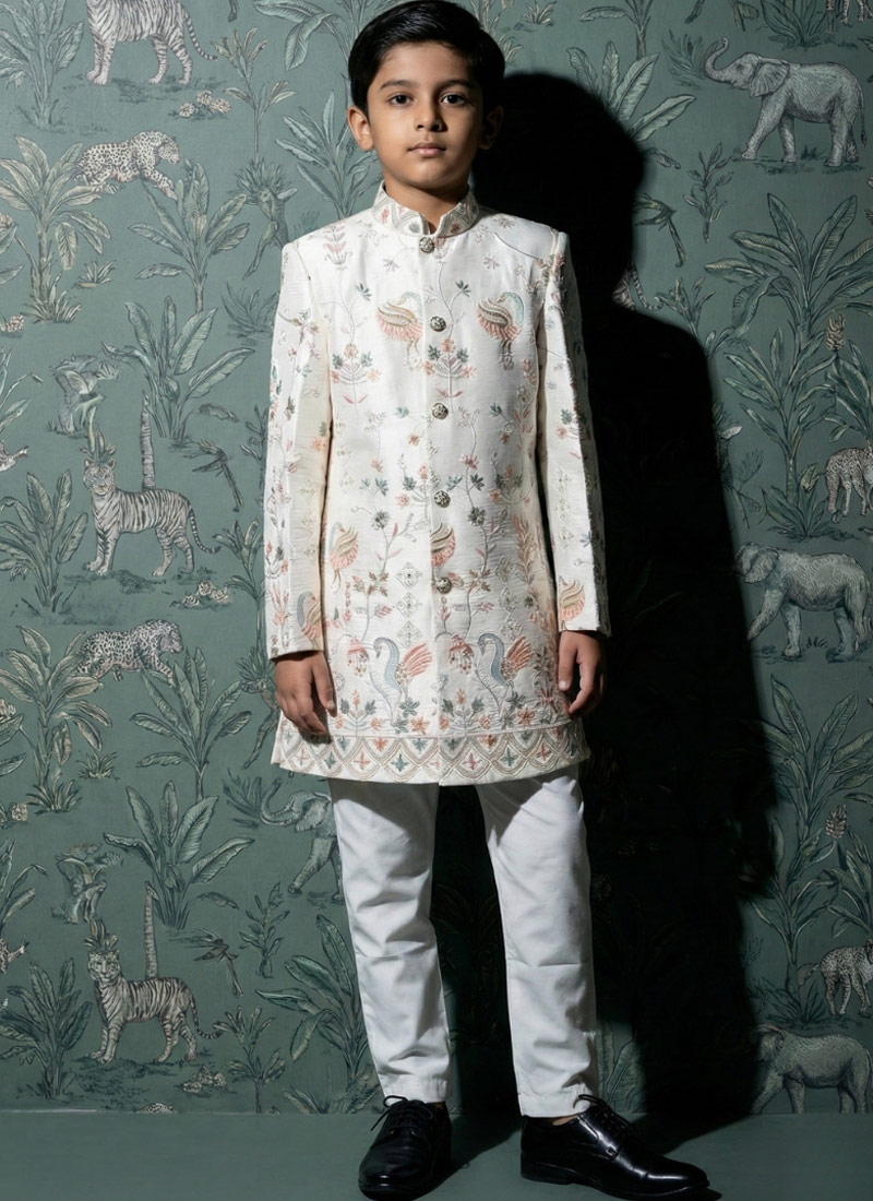 Cream Art Silk Embroidered Boys Nawabi Indo Western