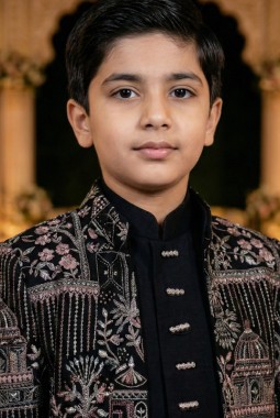 Black Velvet Embroidered Boys Indo Western 