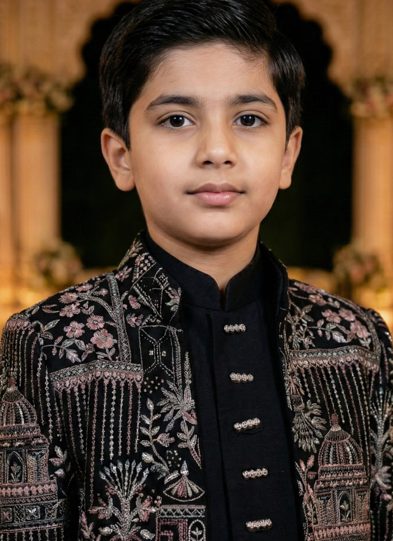 Black Velvet Embroidered Boys Indo Western 