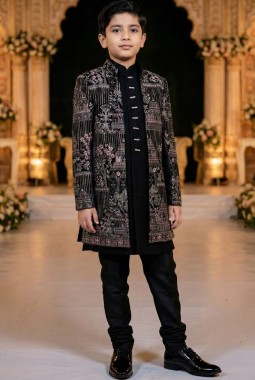 Black Velvet Embroidered Boys Indo Western 