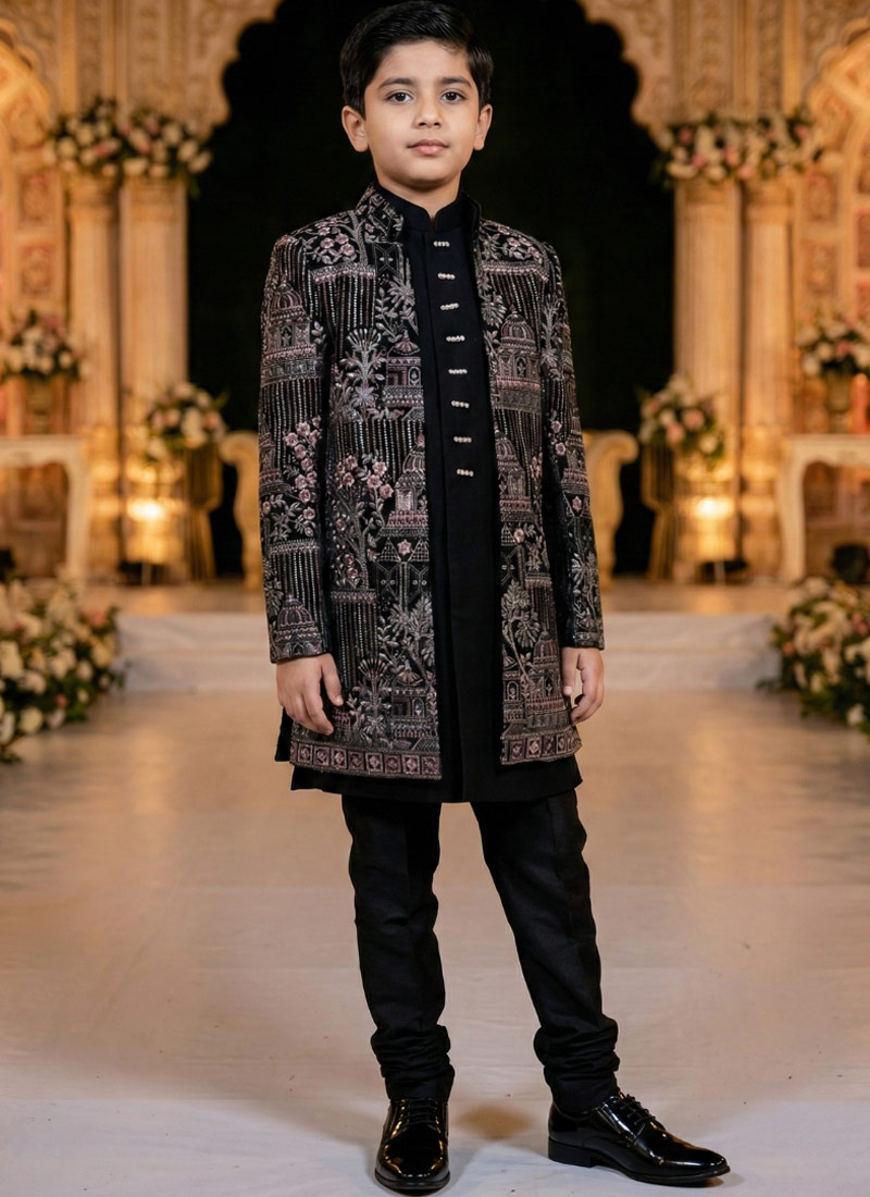 Black Velvet Embroidered Boys Indo Western 