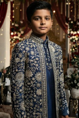 Navy Blue Art Silk Embroidered Boys Indo Western
