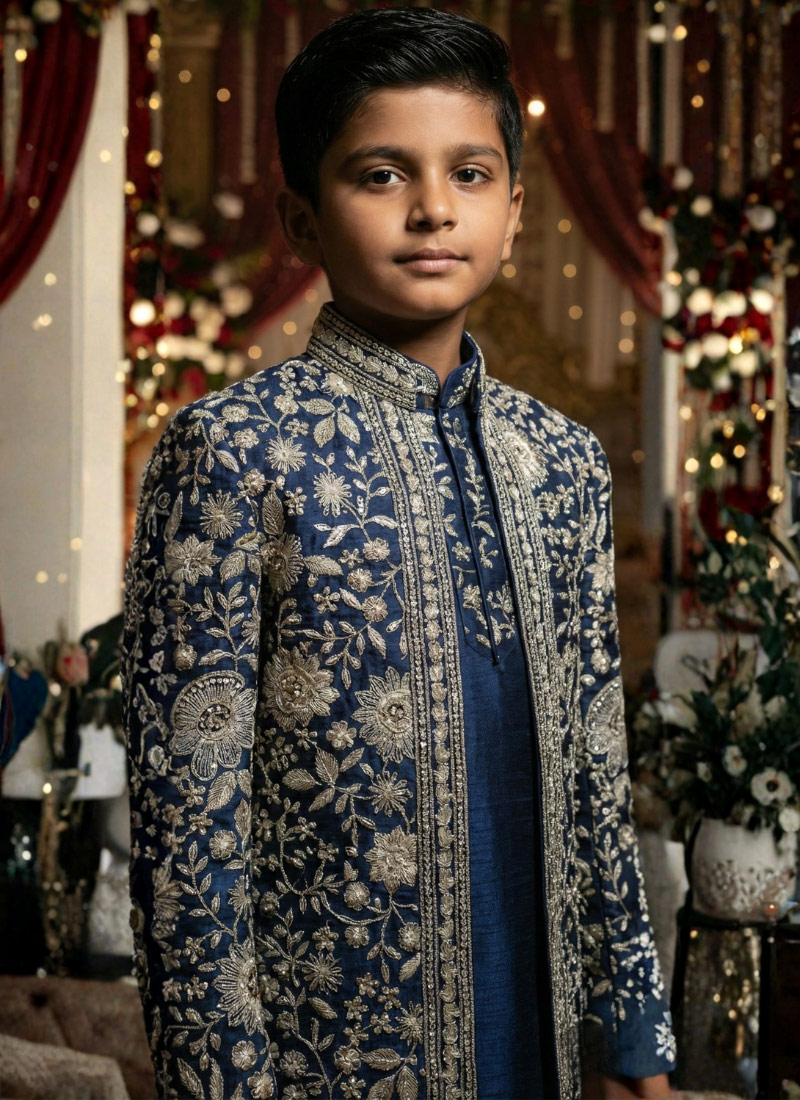 Navy Blue Art Silk Embroidered Boys Indo Western