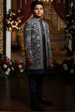 Navy Blue Art Silk Embroidered Boys Indo Western