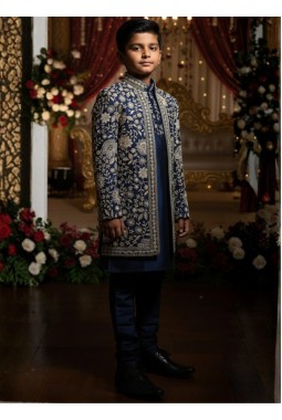 Navy Blue Art Silk Embroidered Boys Indo Western