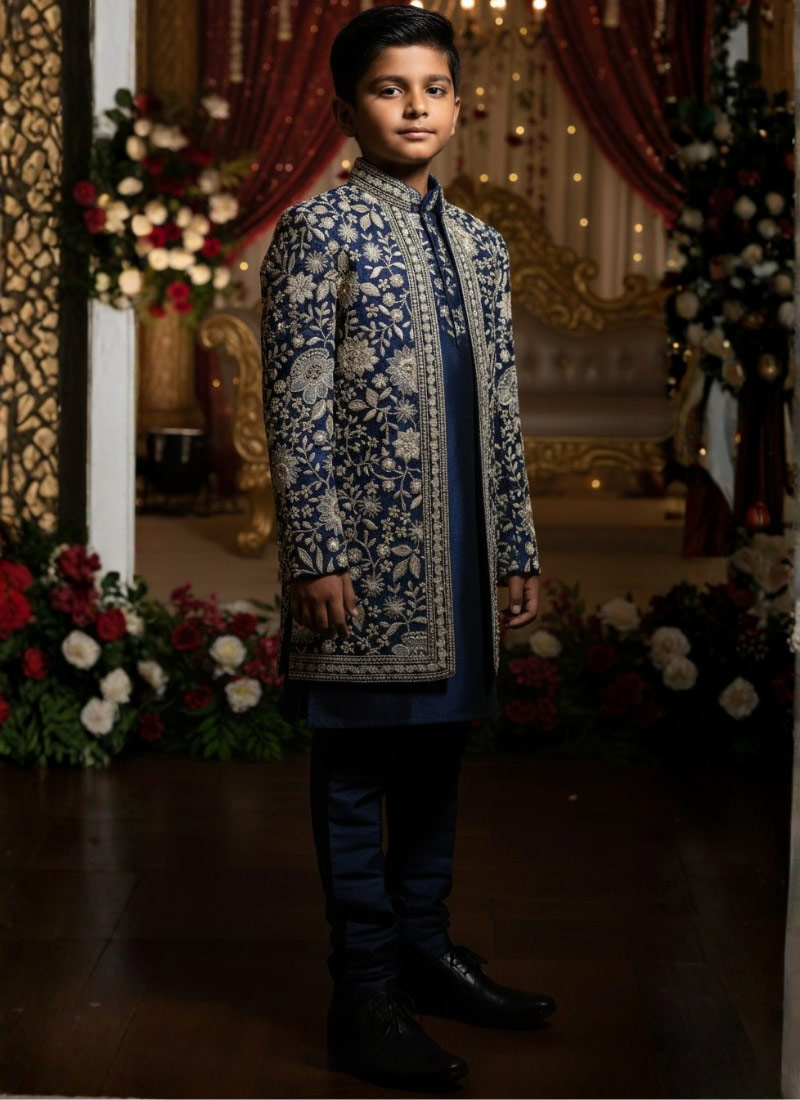 Navy Blue Art Silk Embroidered Boys Indo Western