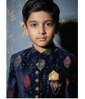 Navy Blue Velvet Embroidered Boys Nawabi Indo Western