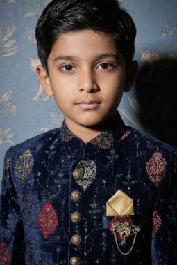 Navy Blue Velvet Embroidered Boys Nawabi Indo Western