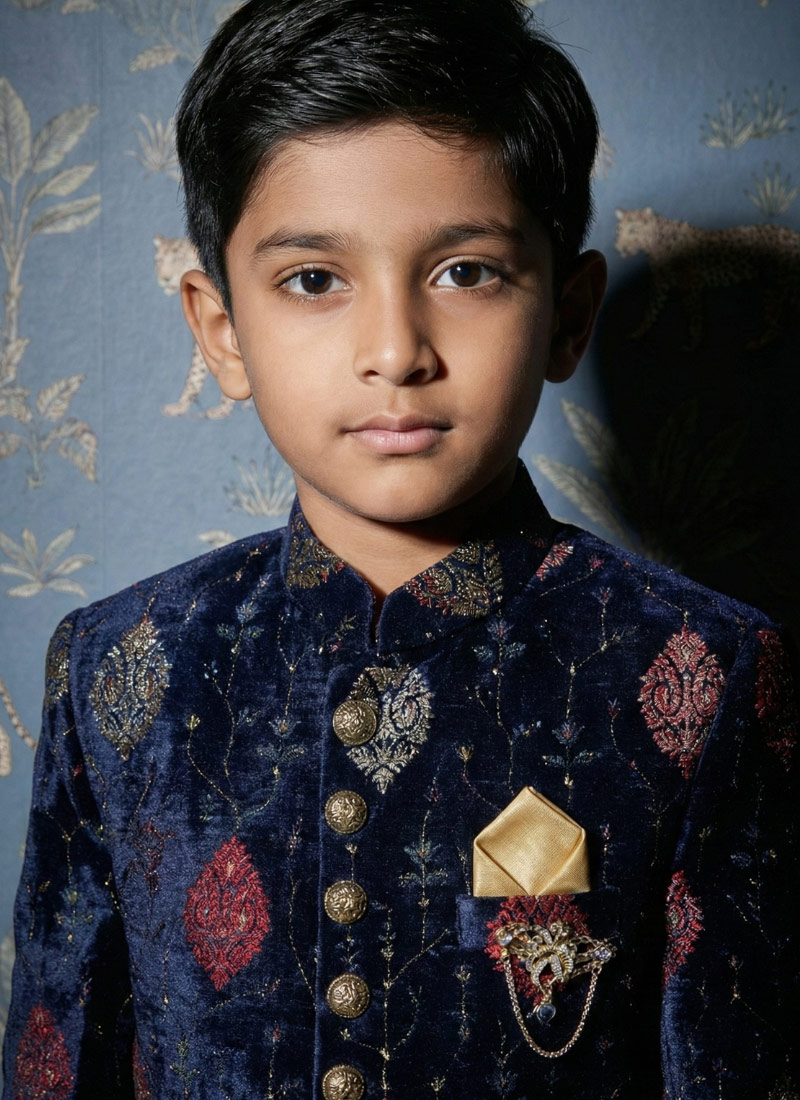 Navy Blue Velvet Embroidered Boys Nawabi Indo Western