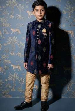 Navy Blue Velvet Embroidered Boys Nawabi Indo Western