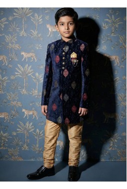 Navy Blue Velvet Embroidered Boys Nawabi Indo Western