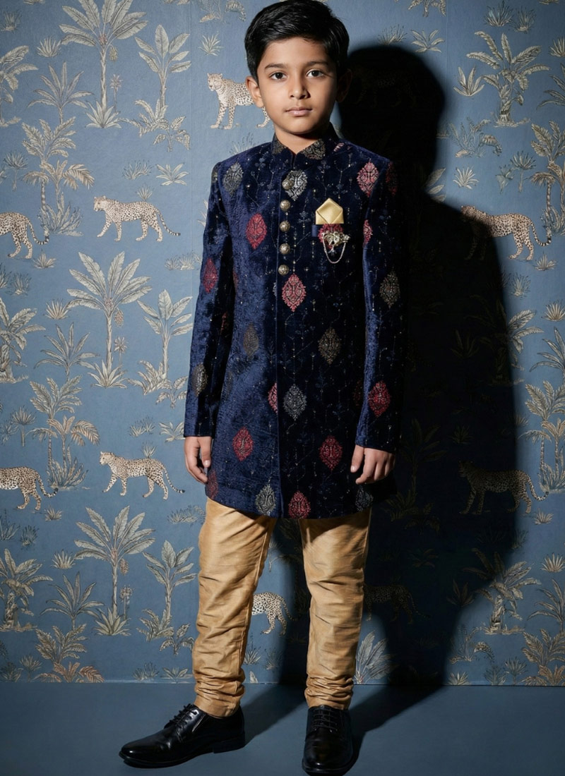 Navy Blue Velvet Embroidered Boys Nawabi Indo Western