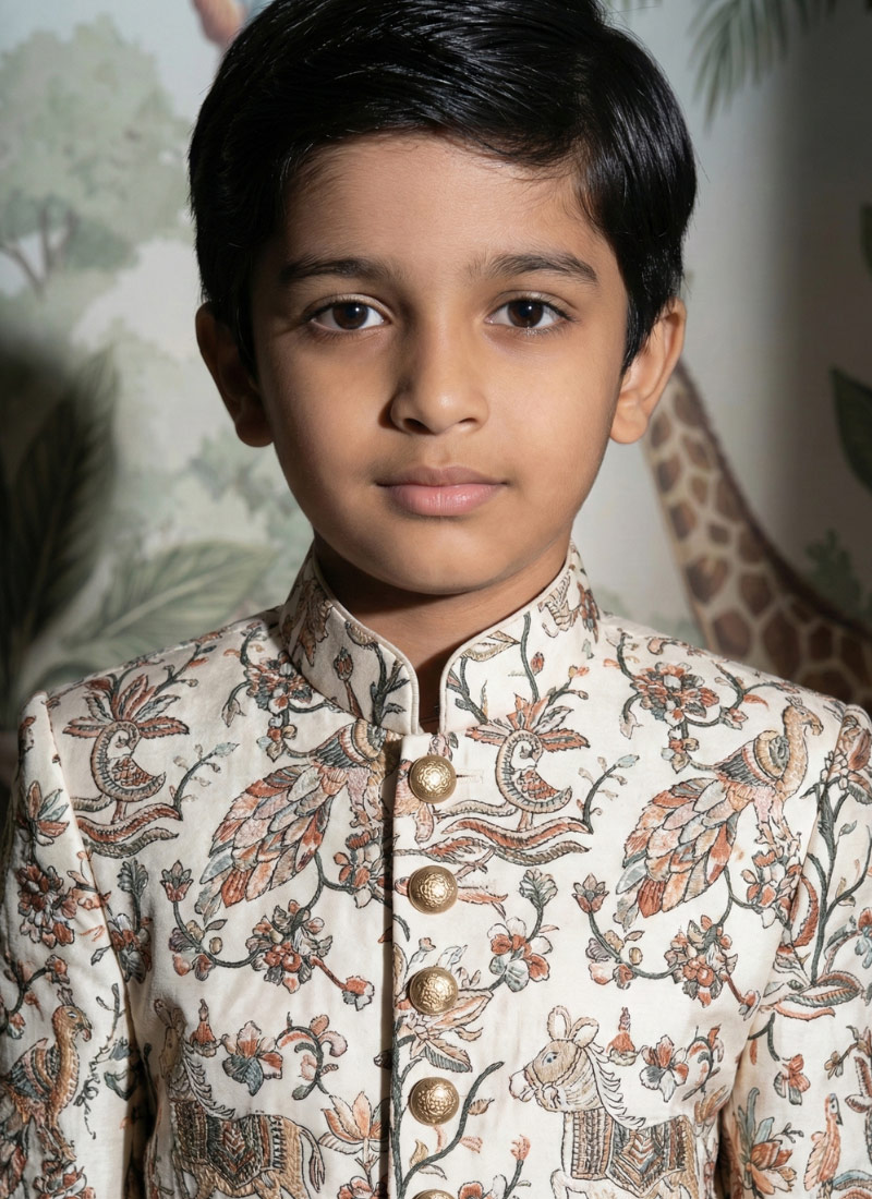 Beige Art Silk Embroidered Boys Nawabi Indo Western