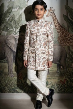 Beige Art Silk Embroidered Boys Nawabi Indo Western