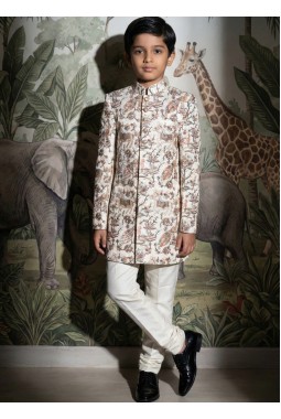 Beige Art Silk Embroidered Boys Nawabi Indo Western