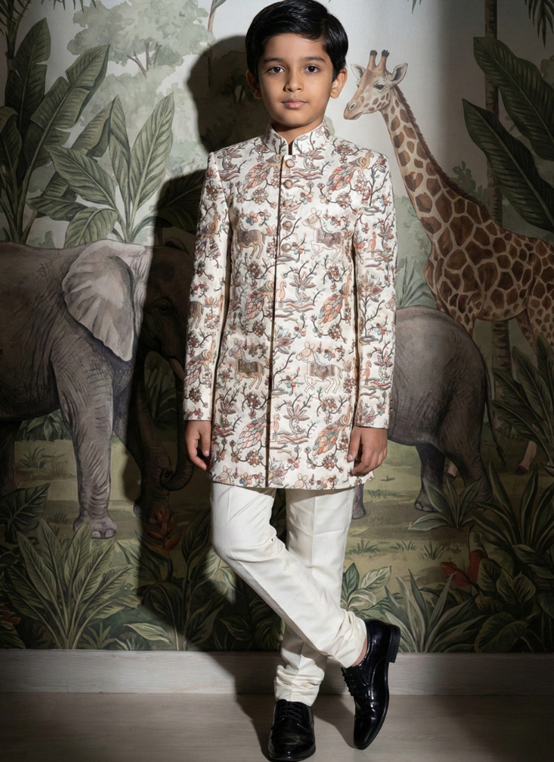 Beige Art Silk Embroidered Boys Nawabi Indo Western