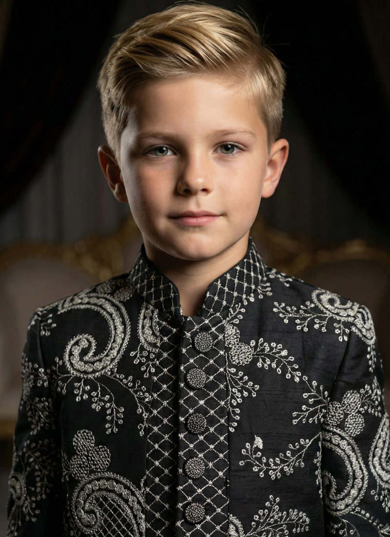 Black Armani Embroidery Boys Indo Western