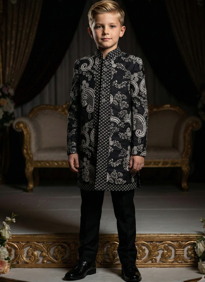 Black Armani Embroidery Boys Indo Western