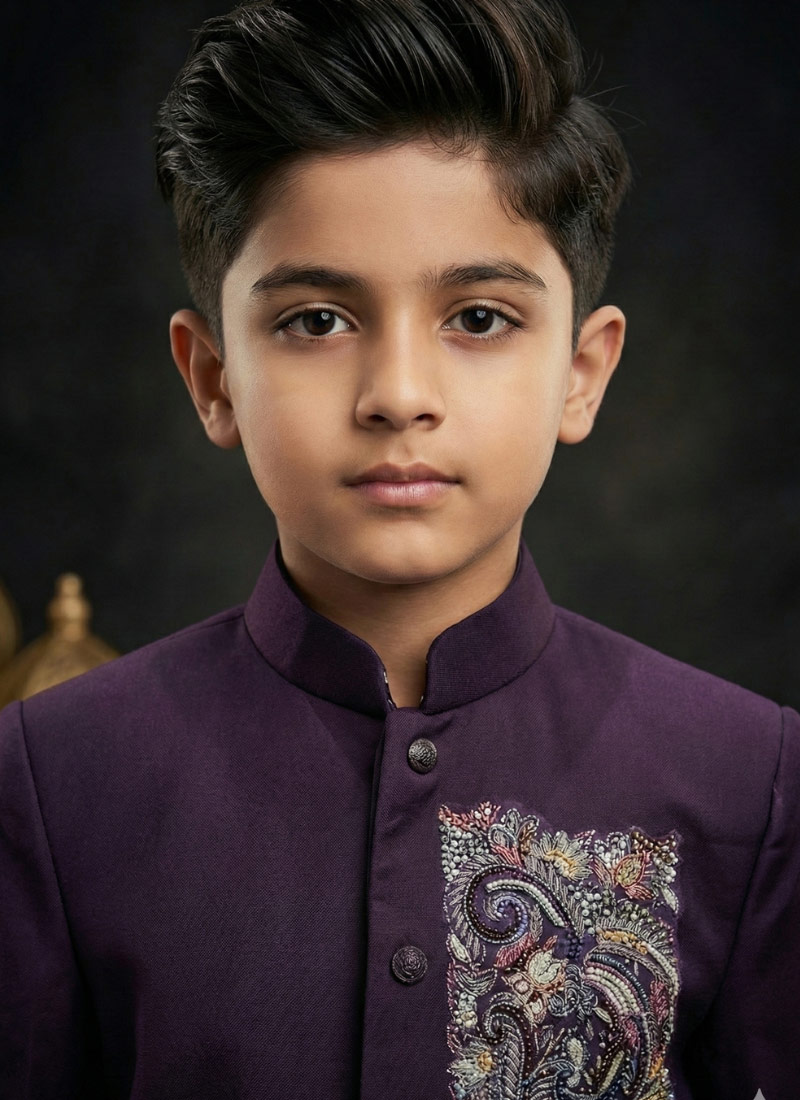 Wine Armani Hand Work Boys Indo Western