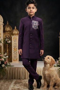 Wine Armani Hand Work Boys Indo Western