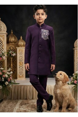 Wine Armani Hand Work Boys Indo Western